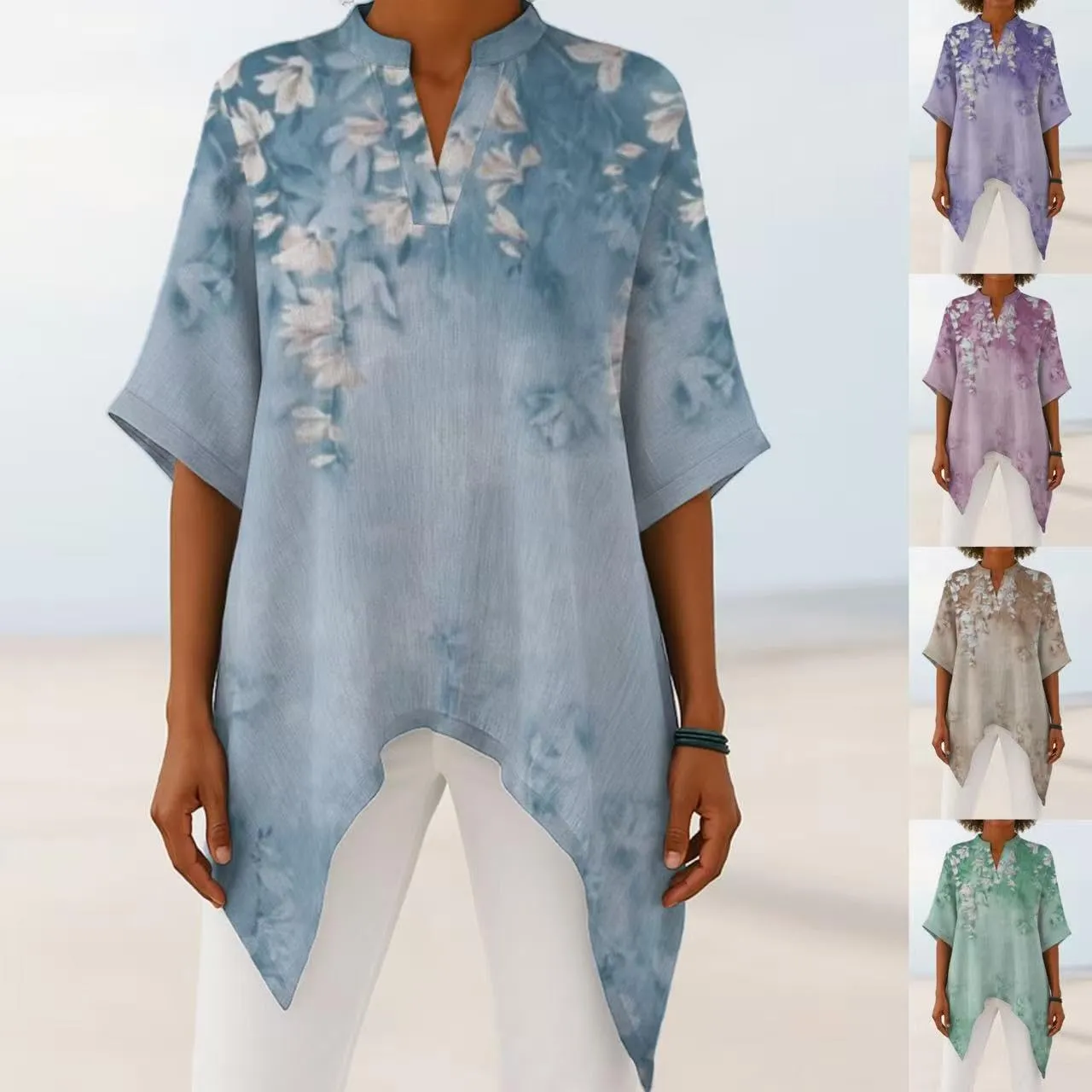 Womens Casual Linen Irregular Hem Floral Print Half Sleeve Tshirt Spring Summer Notched V Neck Loose Tunic Blouse Tops