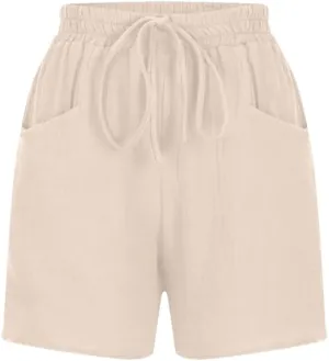 Women's Casual Loose Cotton Shorts Solid Color Elastic Waist Tie Shorts