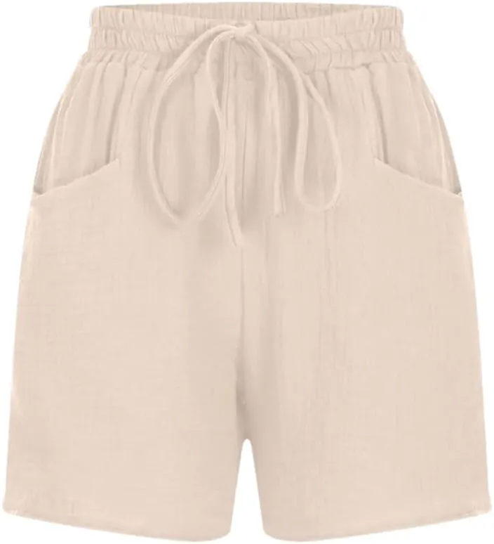 Women's Casual Loose Cotton Shorts Solid Color Elastic Waist Tie Shorts