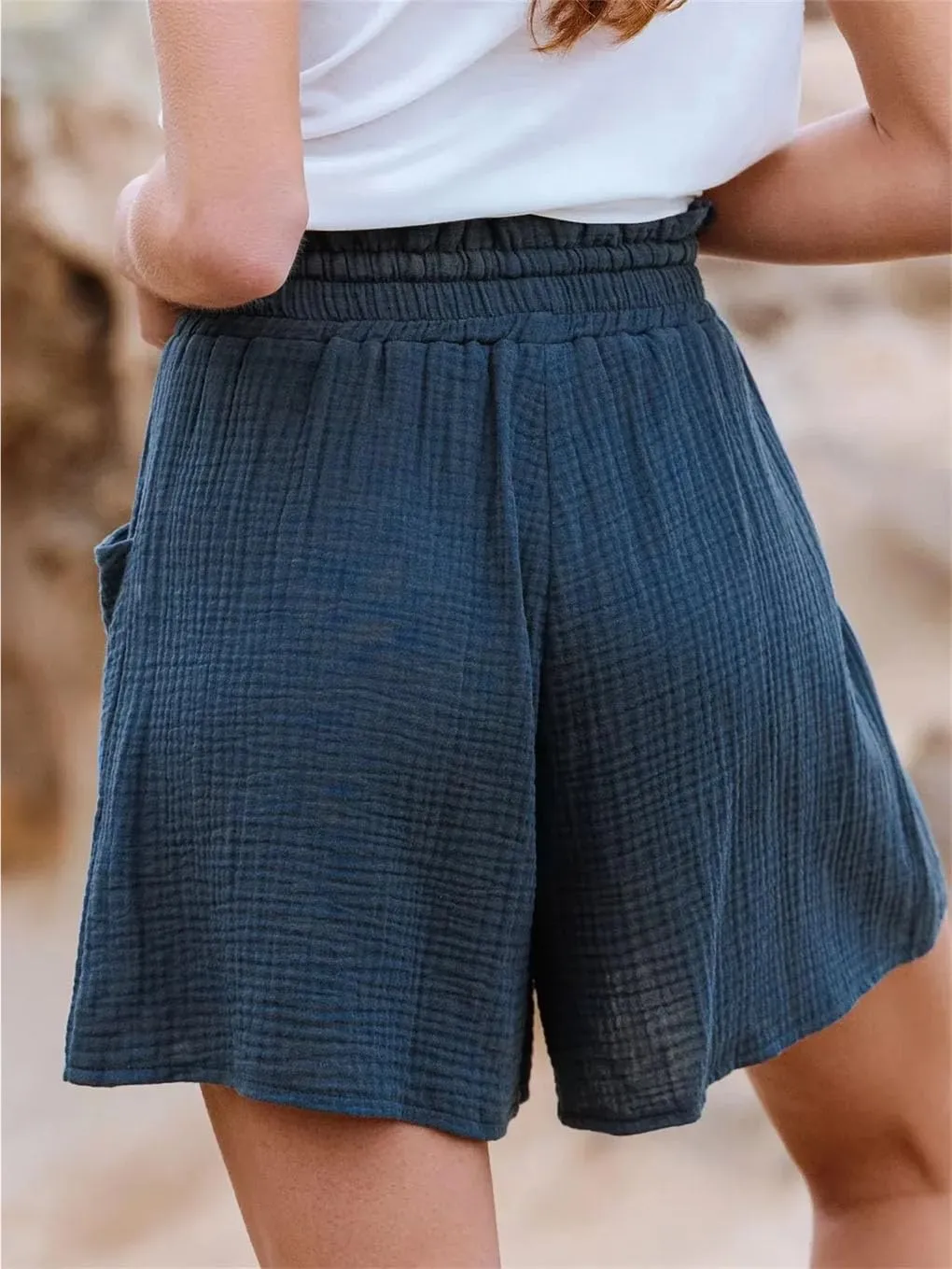 Women's Casual Loose Cotton Shorts Solid Color Elastic Waist Tie Shorts