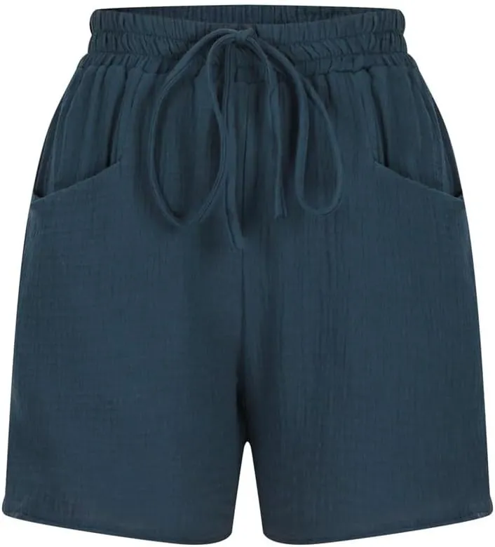 Women's Casual Loose Cotton Shorts Solid Color Elastic Waist Tie Shorts