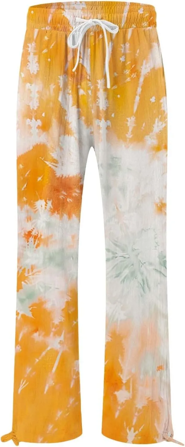 Women's Casual Pants Flower Pants Vintage Print Cotton Linen Pants Elastic Waisted Drawstring Summer Beach Baggy Trousers