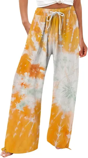 Women's Casual Pants Flower Pants Vintage Print Cotton Linen Pants Elastic Waisted Drawstring Summer Beach Baggy Trousers