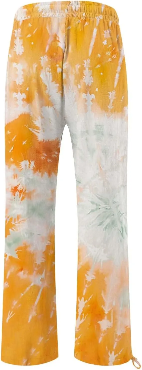 Women's Casual Pants Flower Pants Vintage Print Cotton Linen Pants Elastic Waisted Drawstring Summer Beach Baggy Trousers