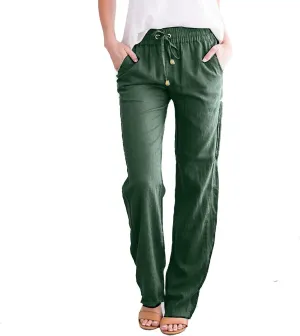 Womens Casual Summer Beach Cotton Linen Pants Lightweight Elastic Waist Drawstring Plus Size Workout Lounge Trousers