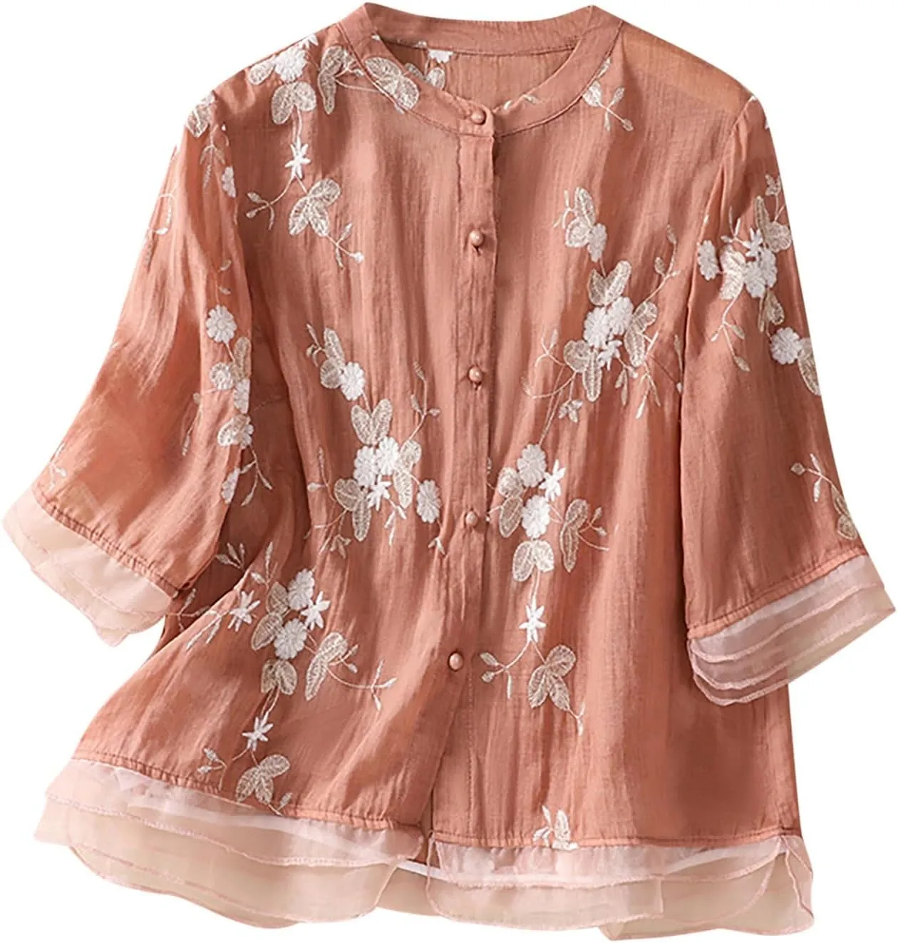 Womens Cotton Linen Embroidery Shirt Casual Crewneck Shirt Fashion Floral Printed Flowy Shirt Spring 3/4 Sleeve Tops