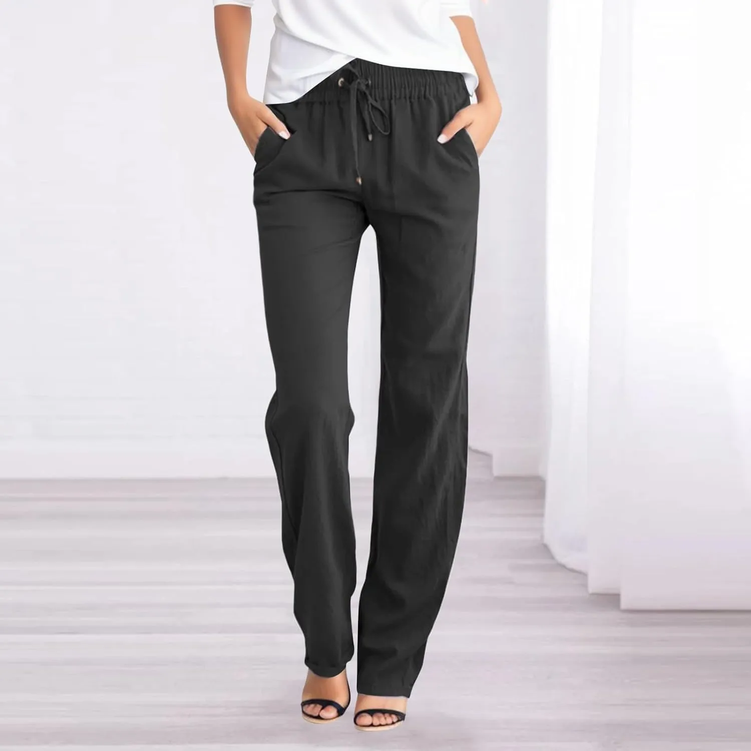 Women's Cotton Linen Summer Cropped Palazzo Pants High Waist Ankle Length Loose Fit Trousers Business Work