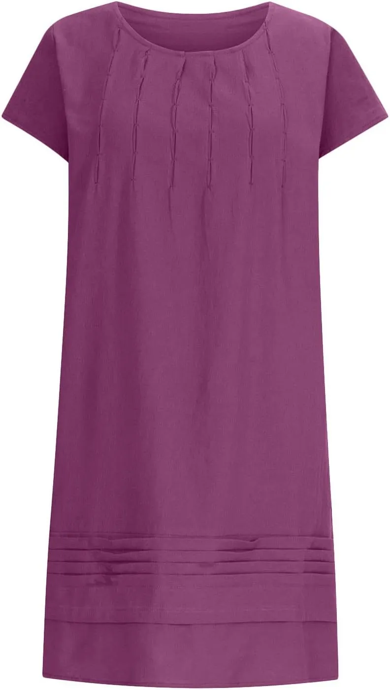 Women's Cotton Linen Summer Dresses 2024 Sleeveless Pleated Dress Casual Knee Length Dress Comfy Summer Lounge Outfits
