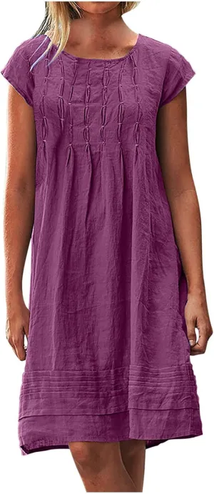 Women's Cotton Linen Summer Dresses 2024 Sleeveless Pleated Dress Casual Knee Length Dress Comfy Summer Lounge Outfits