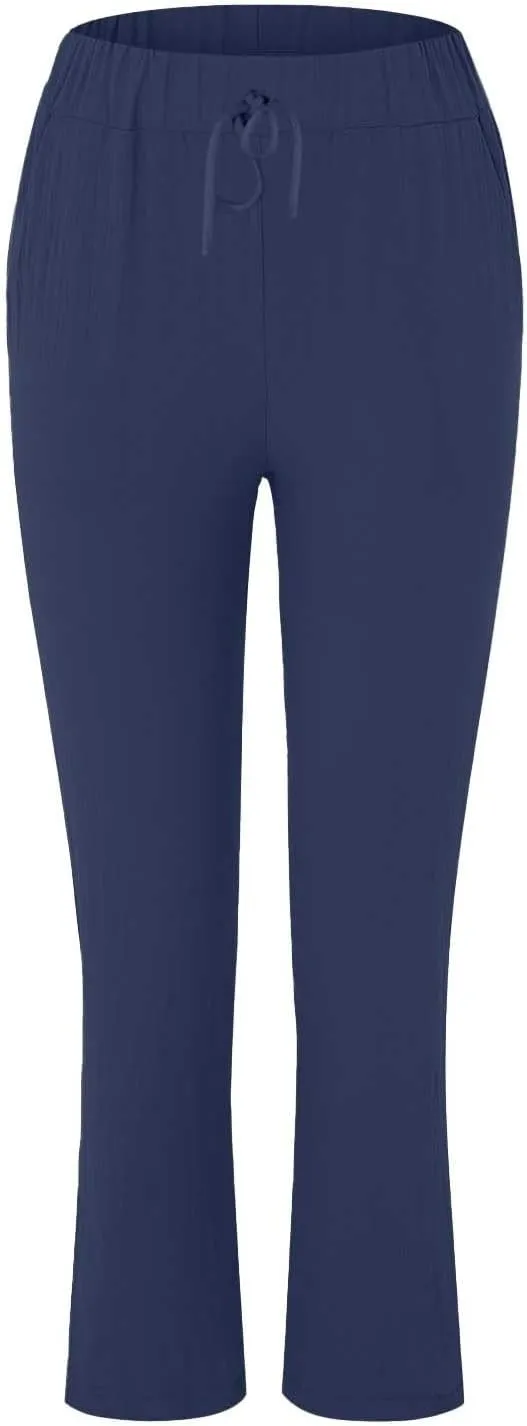 Women's Cotton Linen Summer Palazzo Pants Flowy Wide Leg Beach Trousers Pockets Lounge Plain Drawstring Trousers