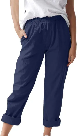 Women's Cotton Linen Summer Palazzo Pants Flowy Wide Leg Beach Trousers Pockets Lounge Plain Drawstring Trousers