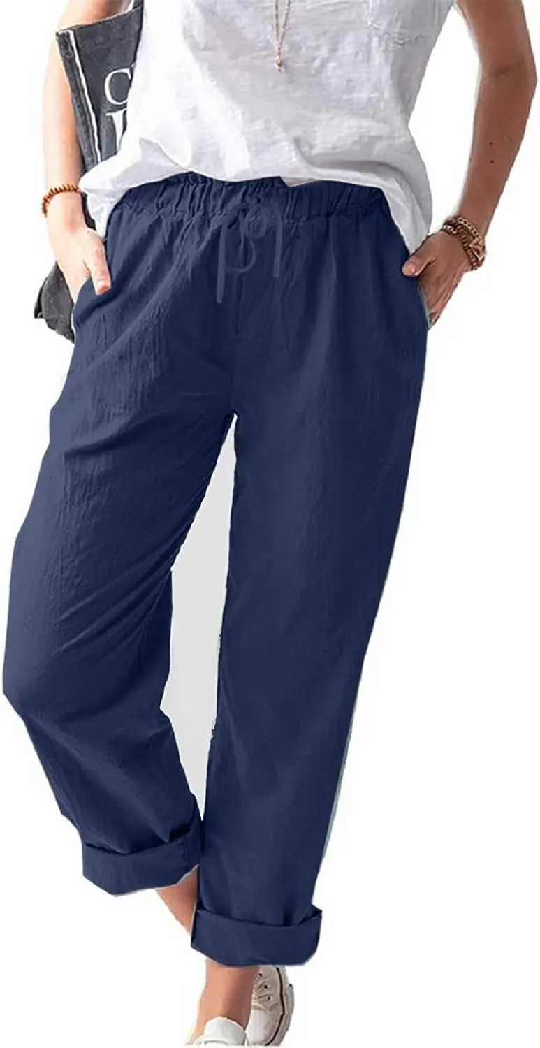Women's Cotton Linen Summer Palazzo Pants Flowy Wide Leg Beach Trousers Pockets Lounge Plain Drawstring Trousers