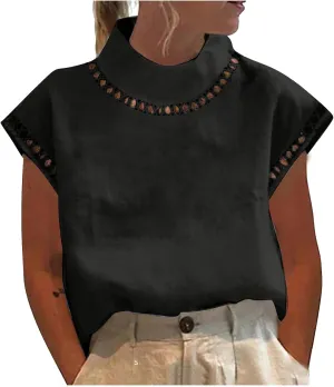 Womens Cotton Linen Tops Temperament Flying Sleeve Shirts High Round Neck Basic Summer Loose Fit Blouse Tees T-Shirt