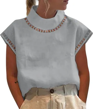 Womens Cotton Linen Tops Temperament Flying Sleeve Shirts High Round Neck Basic Summer Loose Fit Blouse Tees T-Shirt