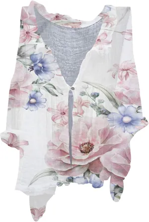 Women's Cotton Linen V-Neck Collar Women's Floral Butterfly Print Natural Autumn Casual Long Sleeve Loose Fit