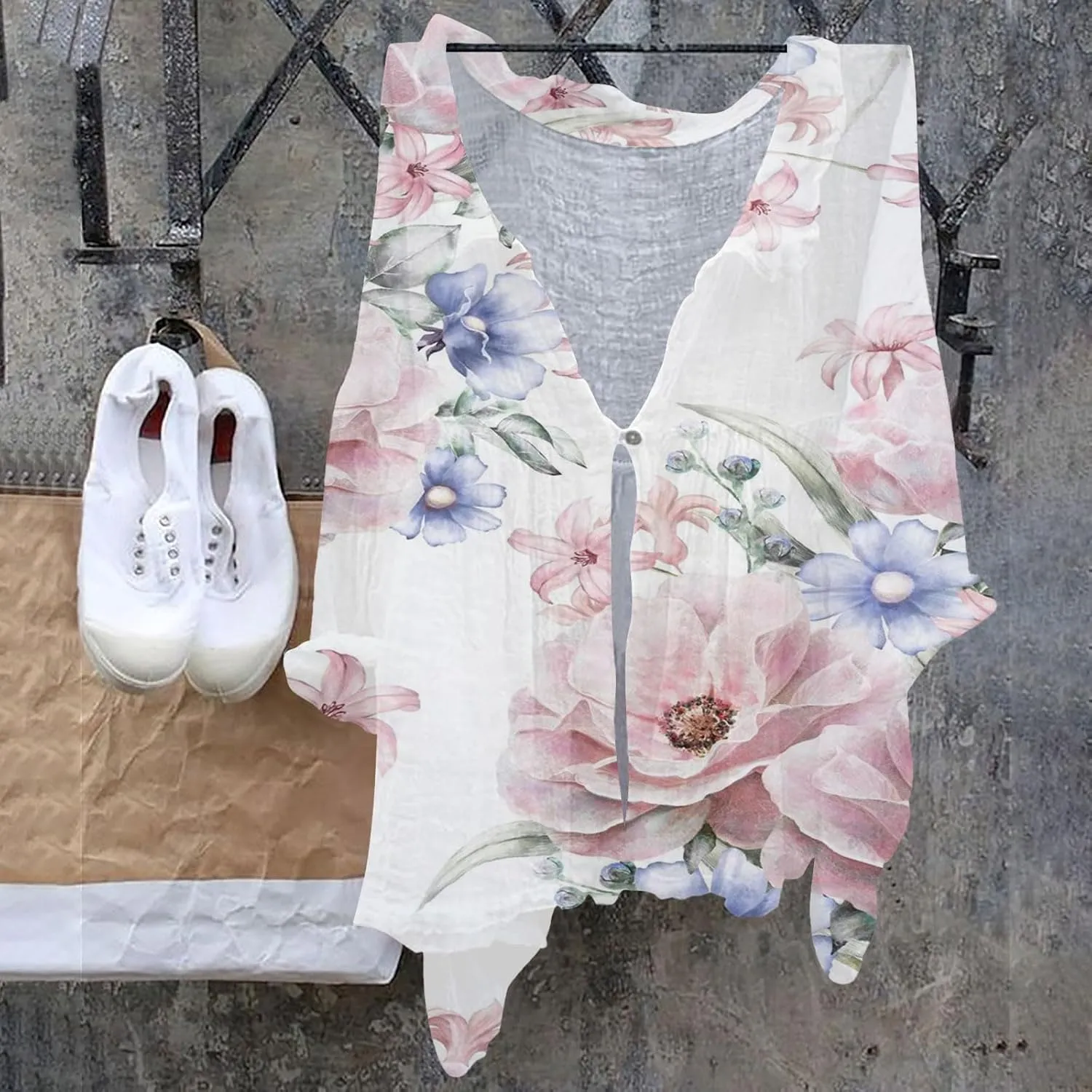 Women's Cotton Linen V-Neck Collar Women's Floral Butterfly Print Natural Autumn Casual Long Sleeve Loose Fit