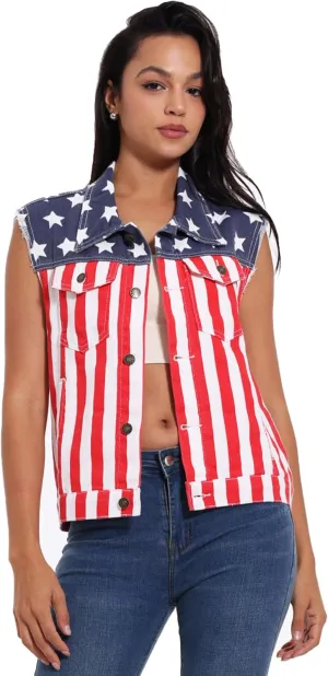Women's Denim Vest American Flag Casual Retro Sleeveless Jean Jacket Lapel Loose Fit Biker Vest