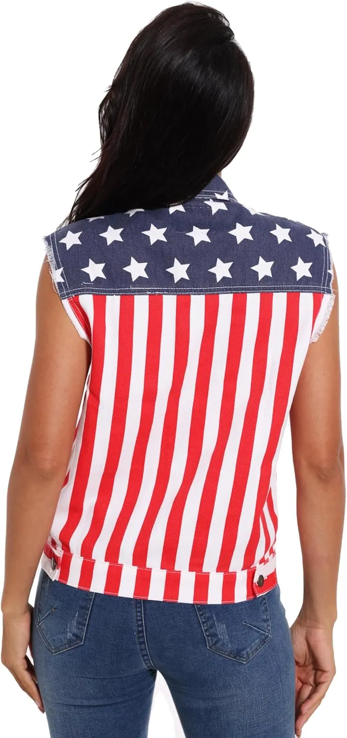 Women's Denim Vest American Flag Casual Retro Sleeveless Jean Jacket Lapel Loose Fit Biker Vest