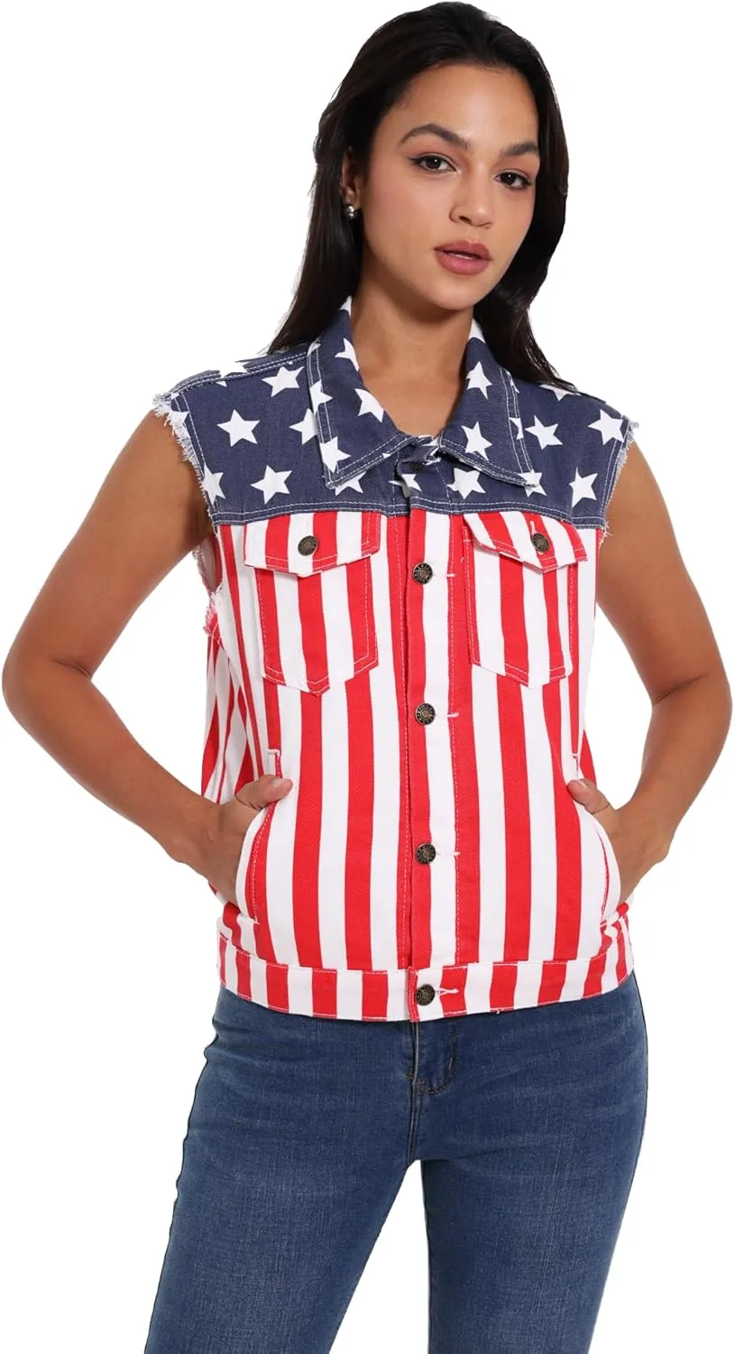 Women's Denim Vest American Flag Casual Retro Sleeveless Jean Jacket Lapel Loose Fit Biker Vest