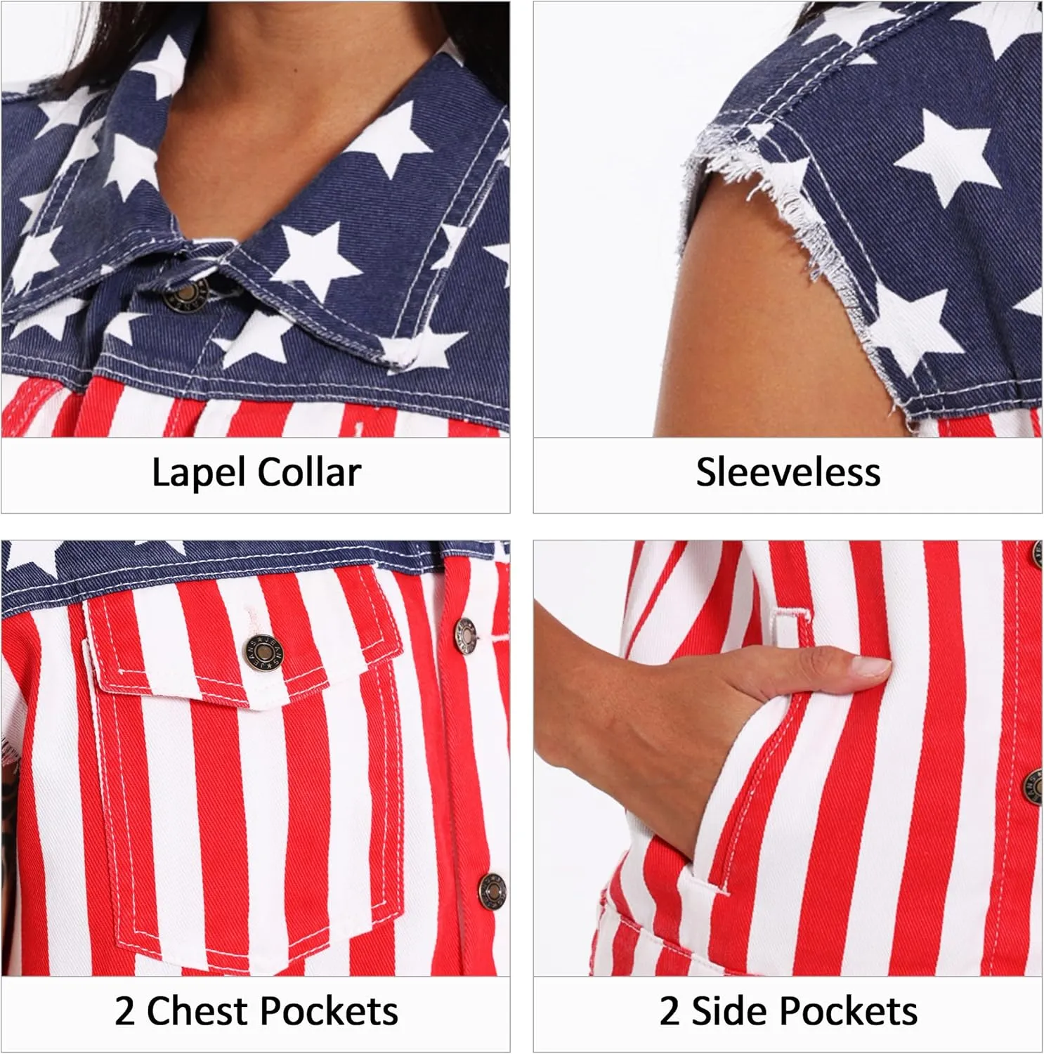 Women's Denim Vest American Flag Casual Retro Sleeveless Jean Jacket Lapel Loose Fit Biker Vest
