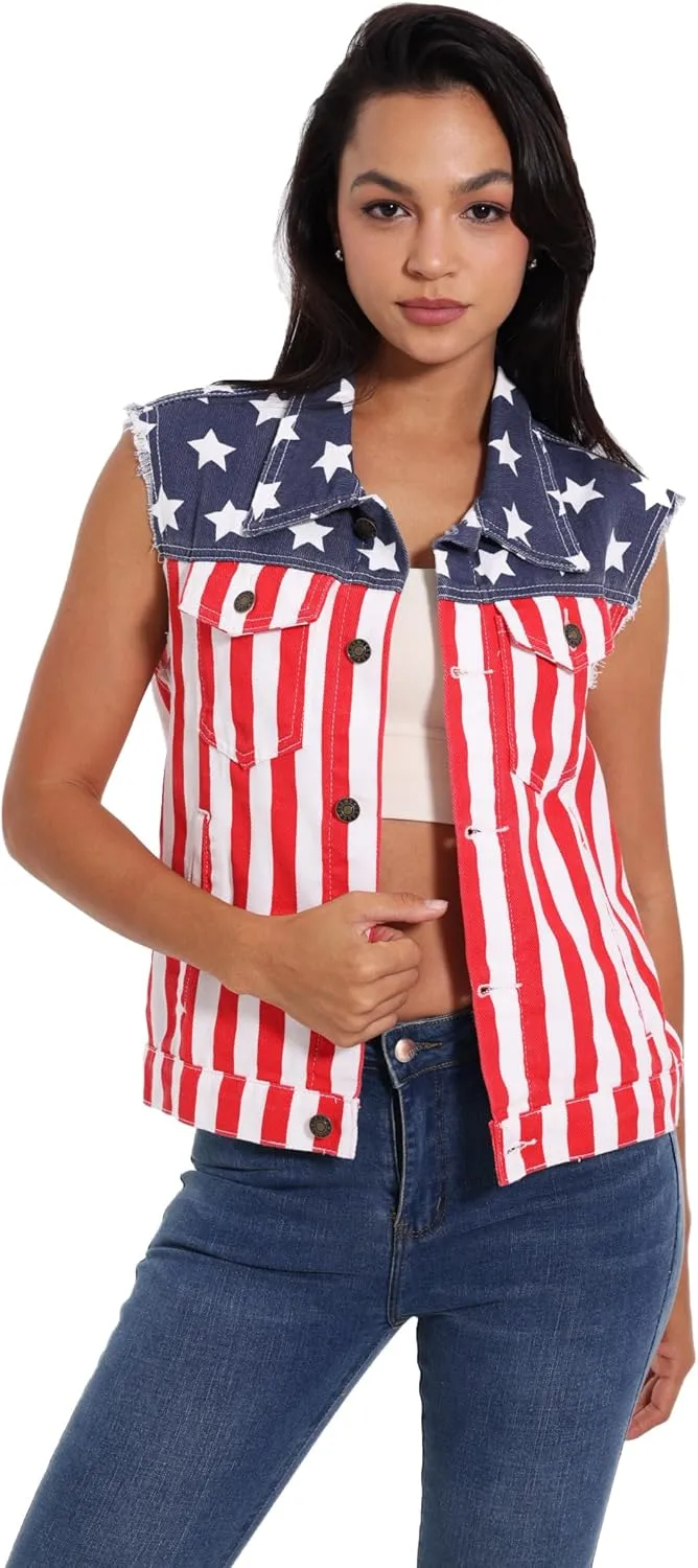 Women's Denim Vest American Flag Casual Retro Sleeveless Jean Jacket Lapel Loose Fit Biker Vest