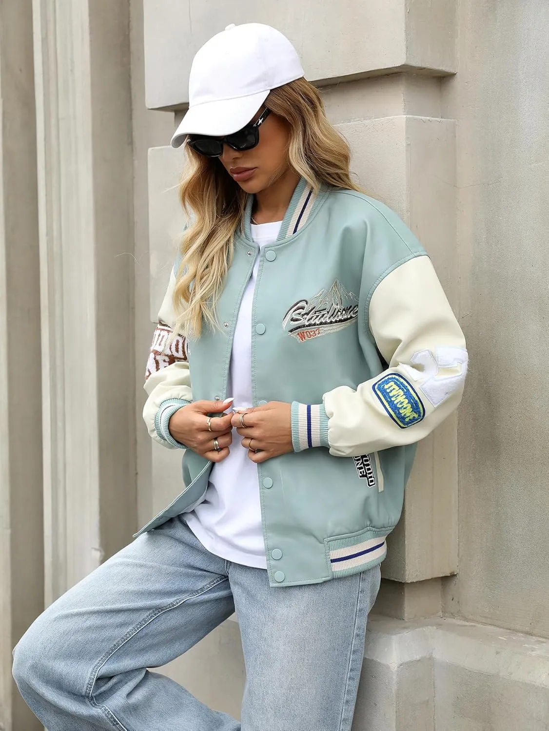 Women's Faux Leather Jacket Y2K Vintage Patch Varsity Motorcycle Biker Coat