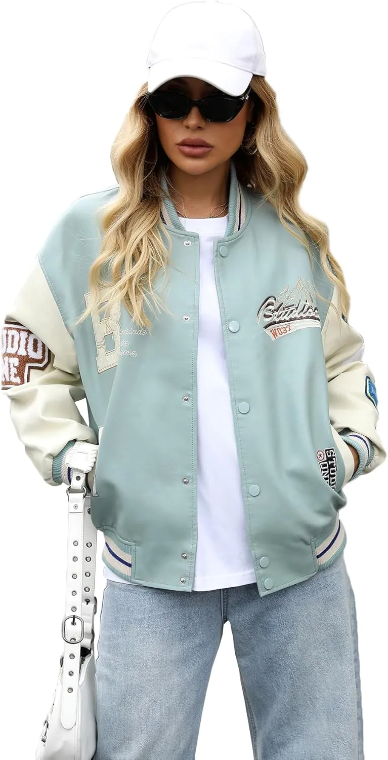 Women's Faux Leather Jacket Y2K Vintage Patch Varsity Motorcycle Biker Coat