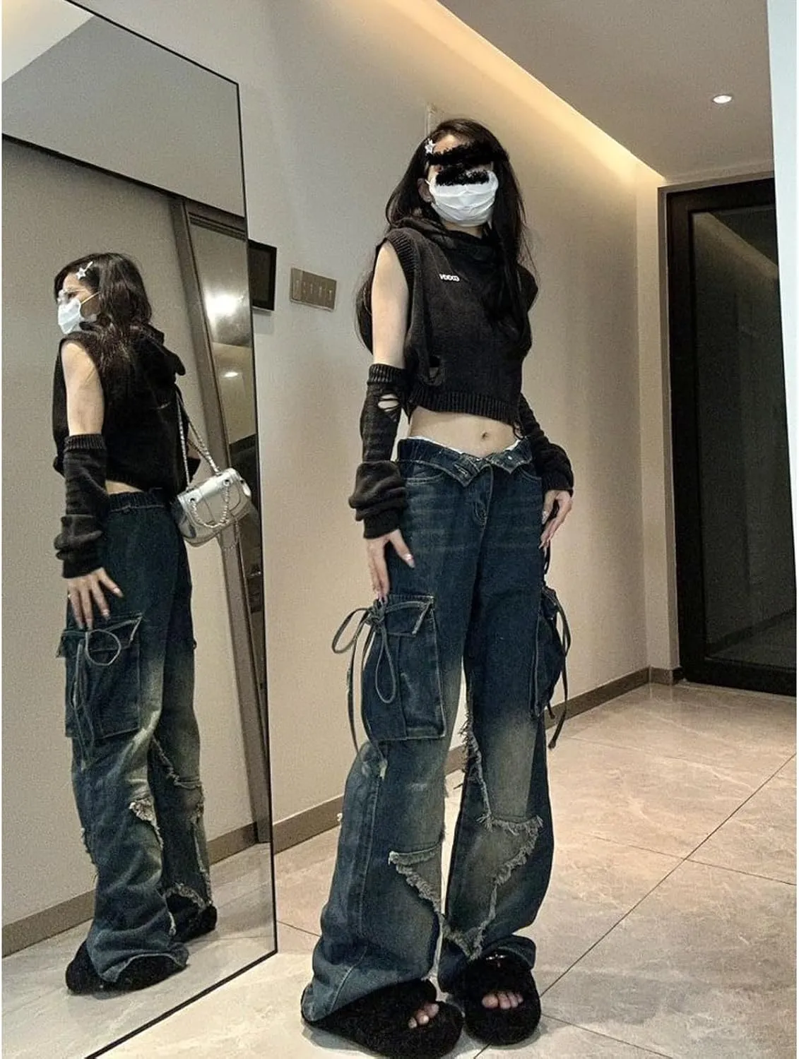Women's Five Point Star Work Dress Jeans Multi Pocket High Waist Loose Y2K Drop Feel Jeans Gothic Wide Leg Pants