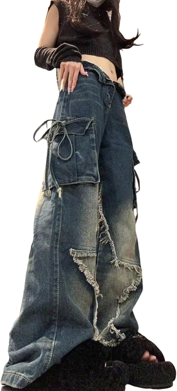 Women's Five Point Star Work Dress Jeans Multi Pocket High Waist Loose Y2K Drop Feel Jeans Gothic Wide Leg Pants