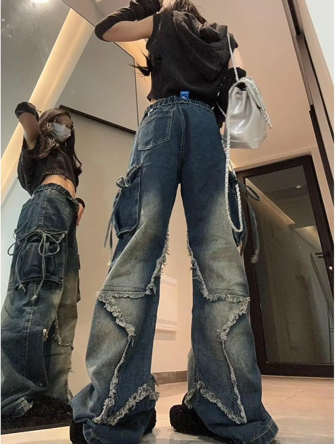 Women's Five Point Star Work Dress Jeans Multi Pocket High Waist Loose Y2K Drop Feel Jeans Gothic Wide Leg Pants
