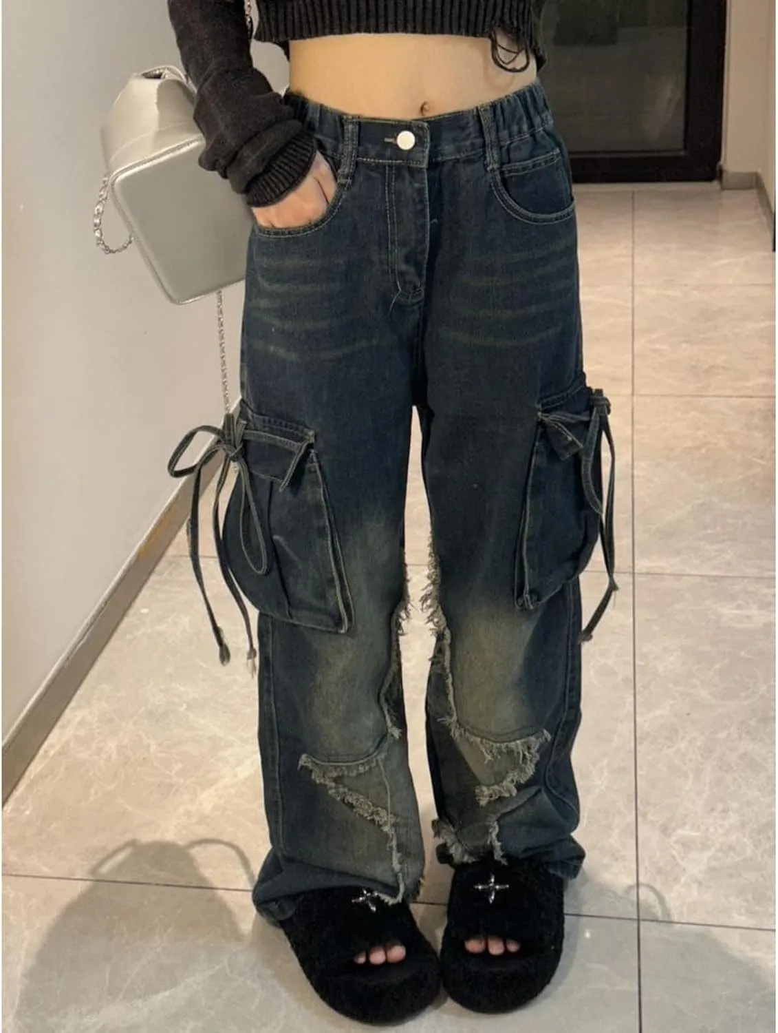 Women's Five Point Star Work Dress Jeans Multi Pocket High Waist Loose Y2K Drop Feel Jeans Gothic Wide Leg Pants