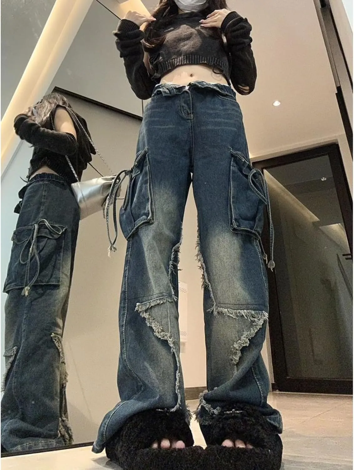 Women's Five Point Star Work Dress Jeans Multi Pocket High Waist Loose Y2K Drop Feel Jeans Gothic Wide Leg Pants