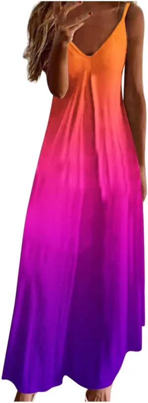 Women's Floral Spaghetti Strap Sundress Casual Summer Long Maxi Dress Vneck Sexy Boho Dresses Trendy Beach Clothes