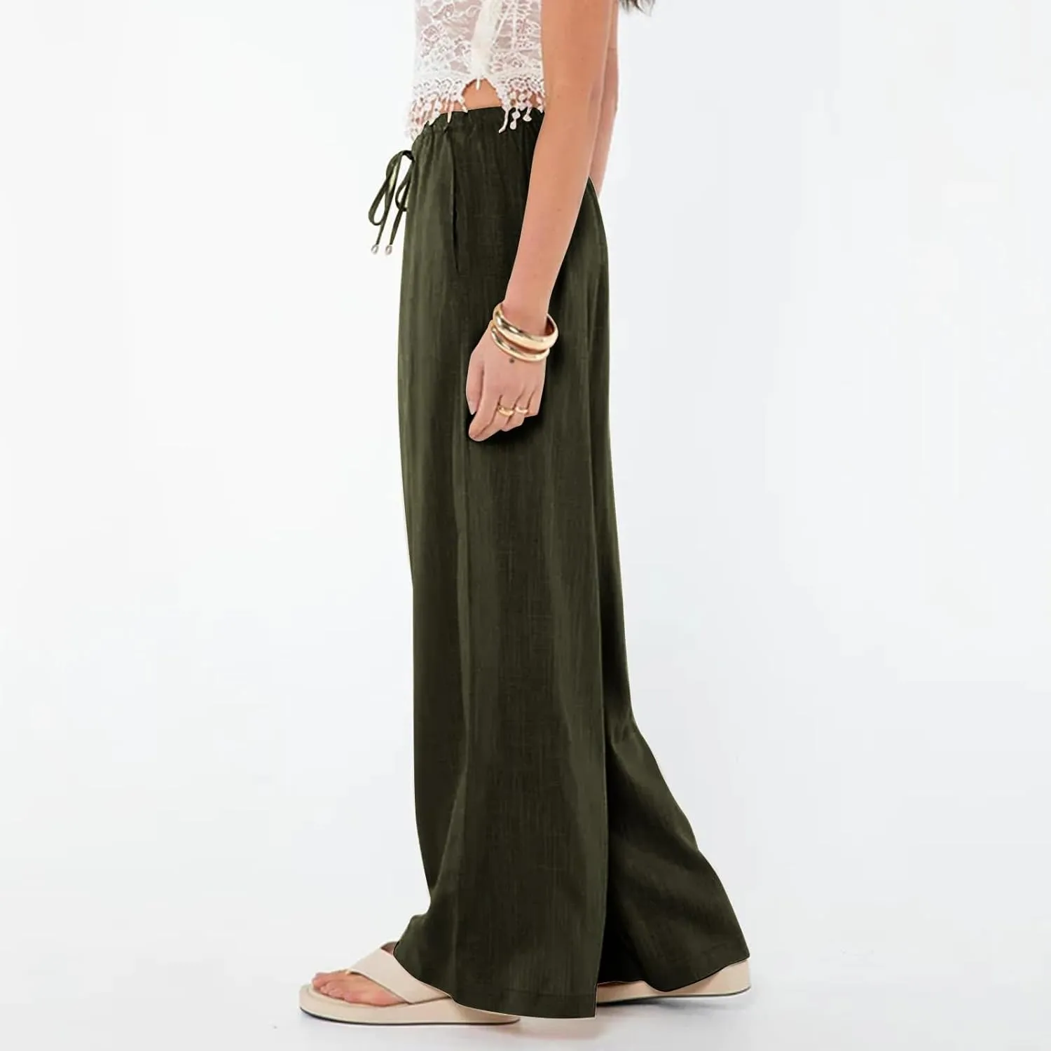 Womens Gauze Pants Cotton Linen Summer Flowy High Waisted Beach Palazzo Pants Lightweight Paperbag Pants with Pocket
