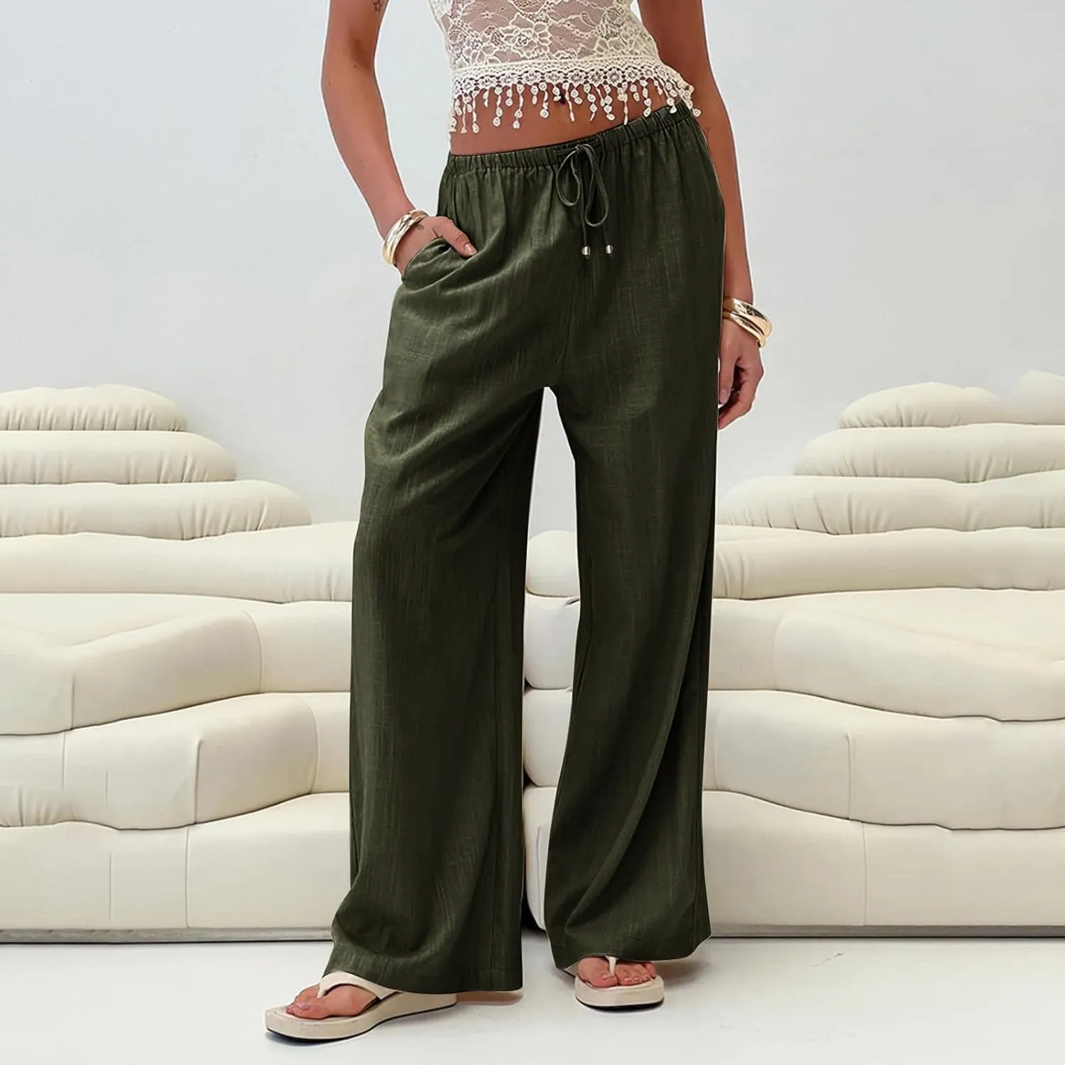 Womens Gauze Pants Cotton Linen Summer Flowy High Waisted Beach Palazzo Pants Lightweight Paperbag Pants with Pocket