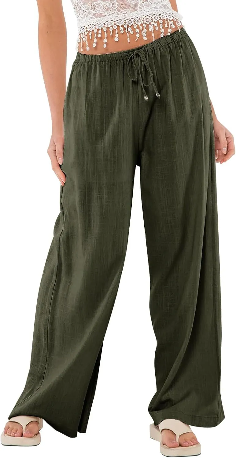 Womens Gauze Pants Cotton Linen Summer Flowy High Waisted Beach Palazzo Pants Lightweight Paperbag Pants with Pocket