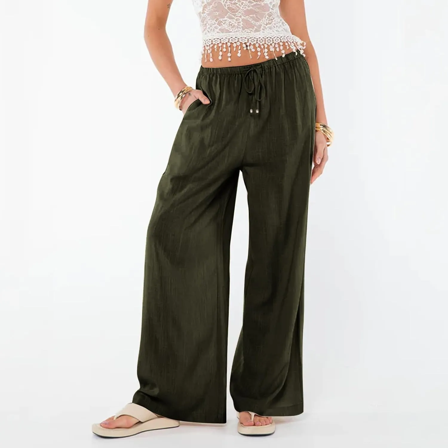 Womens Gauze Pants Cotton Linen Summer Flowy High Waisted Beach Palazzo Pants Lightweight Paperbag Pants with Pocket