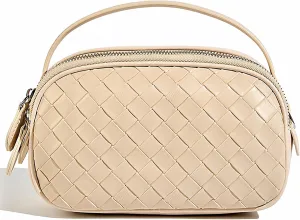 Women's Genuine Leather Crossbody Bag - Small Adjustable Strap Woven Purse, Multi-Pocket Handbag for Everyday Use