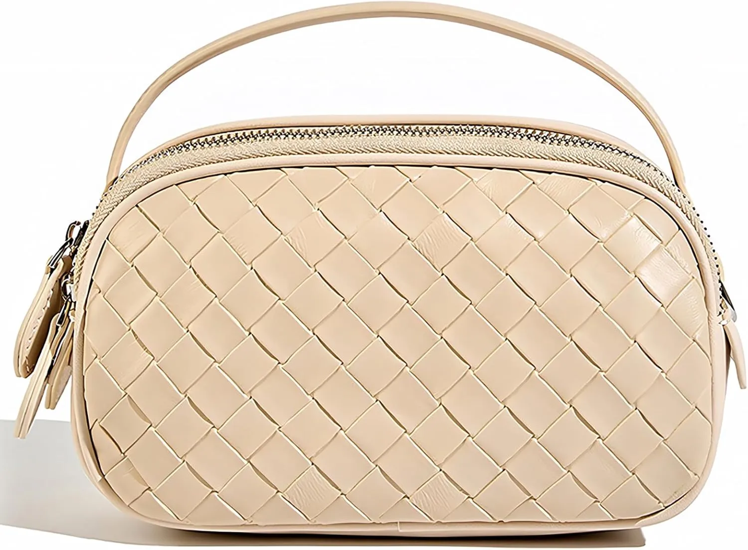 Women's Genuine Leather Crossbody Bag - Small Adjustable Strap Woven Purse, Multi-Pocket Handbag for Everyday Use