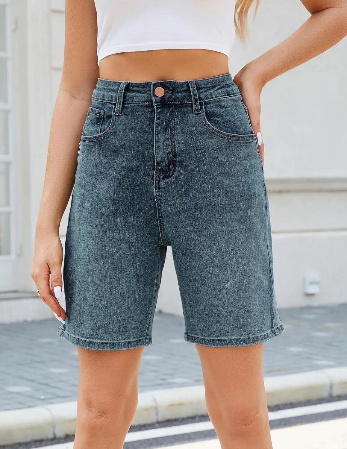 Women's High Waisted Stretchy Bermuda Denim Shorts - Trendy Casual Loose Fit