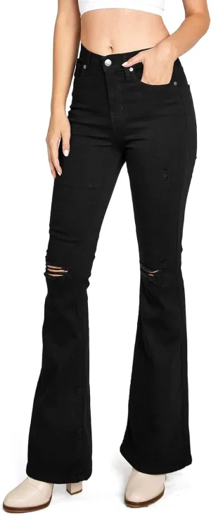Women's Juniors High Waisted Flared Bell Bottoms Distressed Black