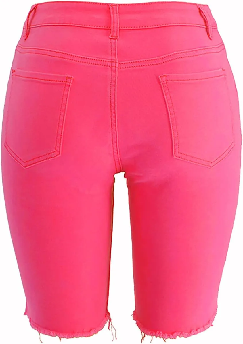 Women's Knee Length Jean Shorts High Waisted Distressed Jeans Ripped Denim Shorts Long Shorts Below The Knee