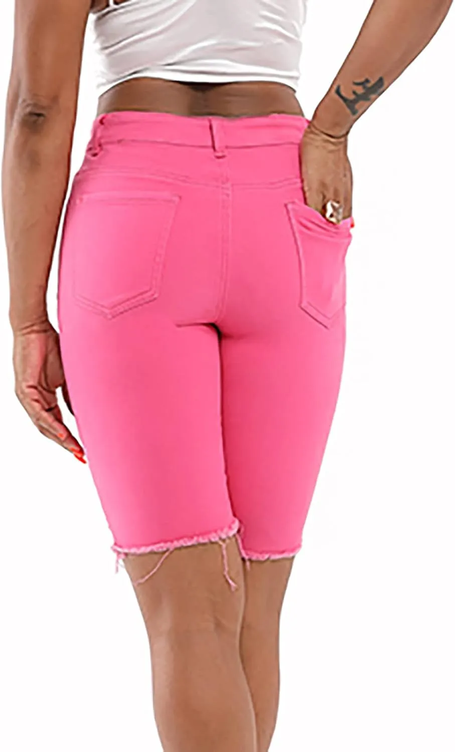 Women's Knee Length Jean Shorts High Waisted Distressed Jeans Ripped Denim Shorts Long Shorts Below The Knee