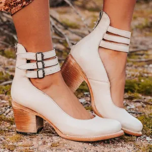 Womens Leather Ankle Strap High Heel Pumps Vintage Style Block Heel Mary Jane Shoes with Adjustable Buckles Round Toe Back Zipper Pumps for Women