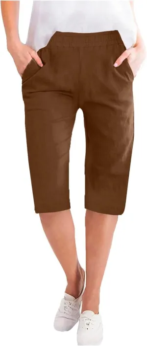 Womens Linen Bermuda Shorts High Waist Baggy Knee Length Paperbag Shorts Summer Casual Vintage Flowy Active Shorts