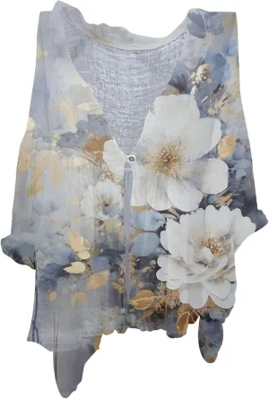 Women's Linen Blouse Women's Floral Butterfly Print Natural Autumn Fragrant Office Drop Shoulder Blouse Long Sleeve