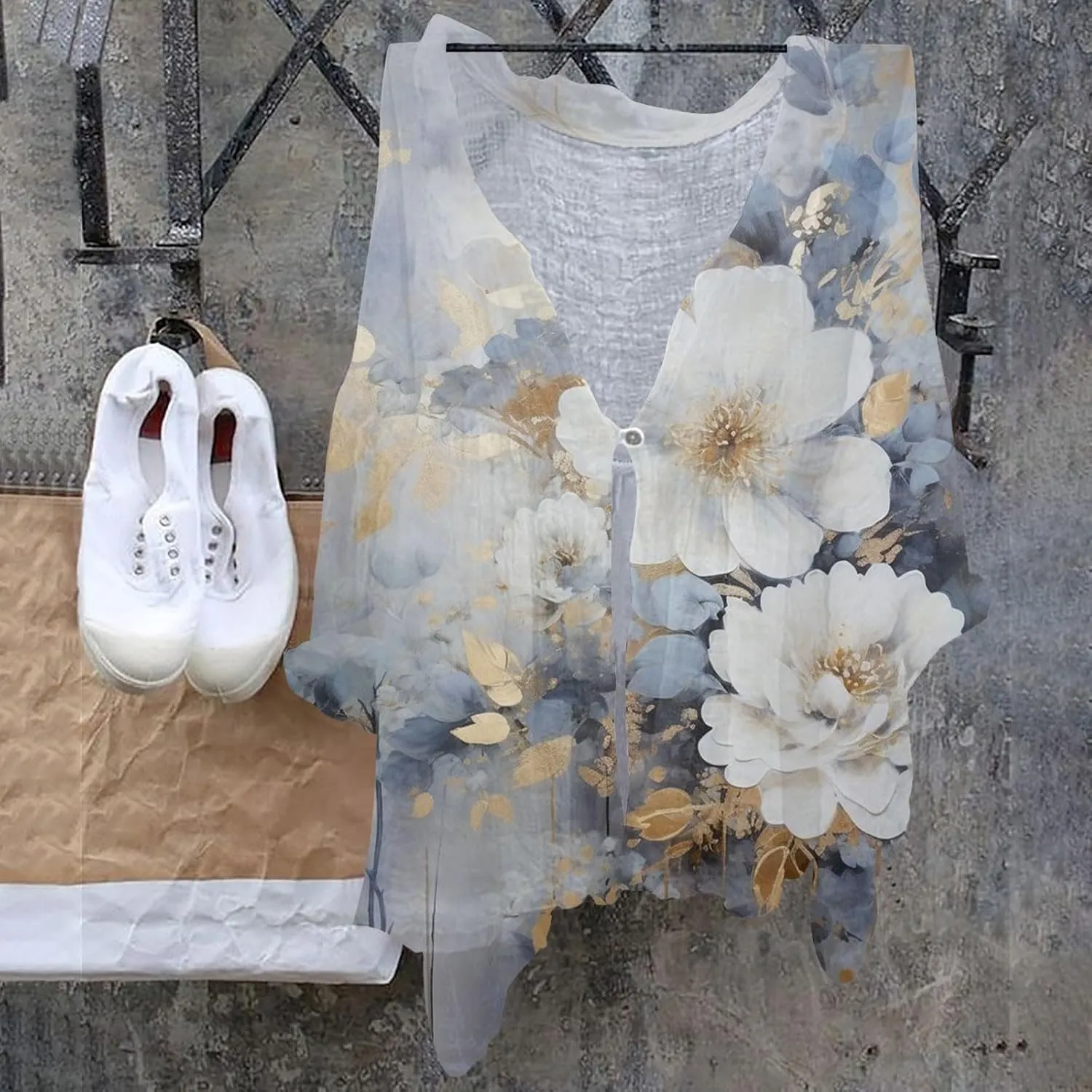 Women's Linen Blouse Women's Floral Butterfly Print Natural Autumn Fragrant Office Drop Shoulder Blouse Long Sleeve