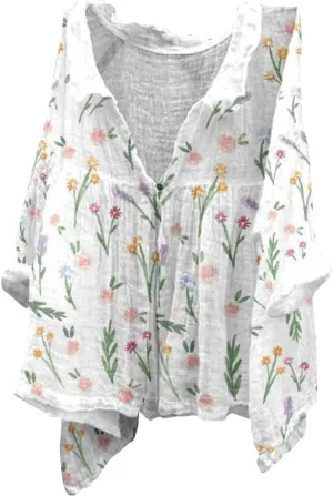 Womens Linen Button Down Shirts Women's Floral Butterfly Print Natural Autumn Casual Collared Blouses Loose Fit
