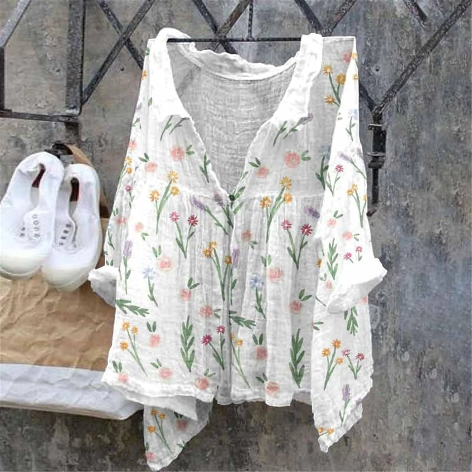 Womens Linen Button Down Shirts Women's Floral Butterfly Print Natural Autumn Casual Collared Blouses Loose Fit