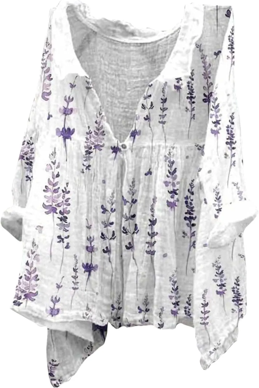 Womens Linen Button Down Shirts Women's Floral Butterfly Print Natural Autumn Shirts Loose Work Tops with Pockets